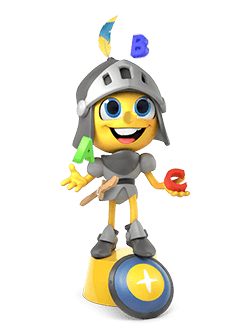 Ritter-Character steht auf gelbem Hocker und jongliert mit Buchstaben